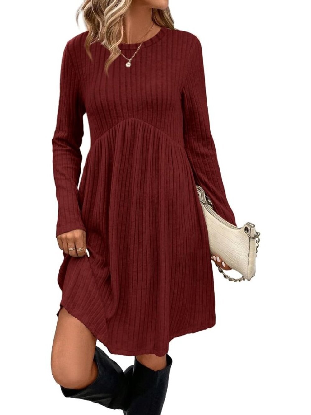 Women's Wine Stylish Long Sleeve Comfort Crew Neck Empire Waist Tunic Mini Dress